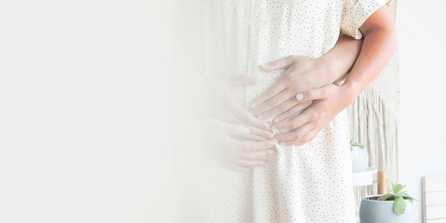Pregnant woman and partner holding her week 15 belly